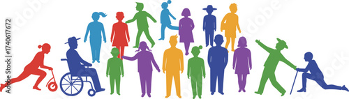 Inclusive human silhouettes in gradient colors, representing lifestyle, age, and ability diversity, symbolic community unity and accessibility theme on white background