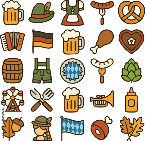 A vibrant collection of German Oktoberfest festival icons.