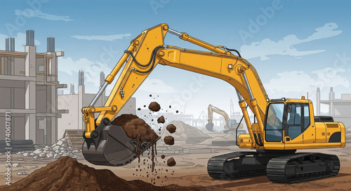 Yellow excavator digging and moving soil at a construction site with unfinished building structures in the background.