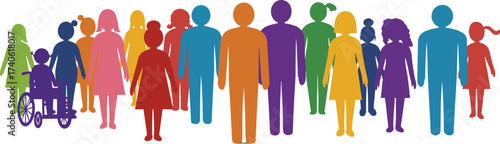 Inclusive human silhouettes in vibrant colors, representing diversity, age, gender, and ability, abstract community unity and equality theme on white background