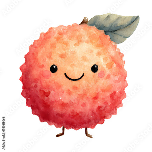 Adorable watercolor cartoon of a happy Lychee fruit character on a black background.