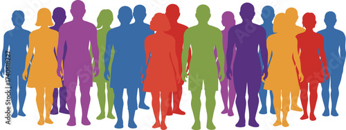 Multicolored human silhouettes standing together, inclusive community concept, abstract people unity, diversity and equality theme, symbolic group illustration on white background