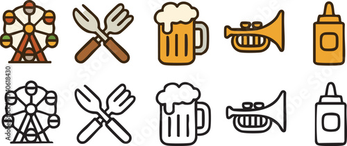 Icons of Amusement Park Food and Entertainment Elements.