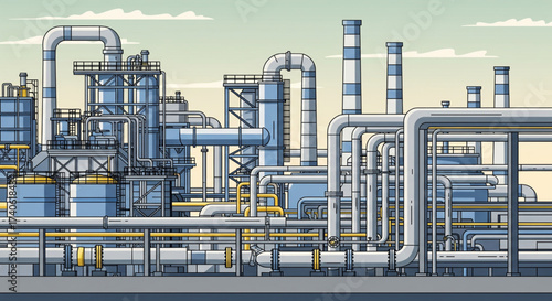 A detailed illustration of an industrial complex with pipes and structures.