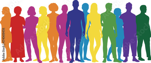 Rainbow-colored human silhouettes in unity, LGBTQ+ pride diversity illustration, inclusive community concept, symbolic equality and acceptance theme on white background