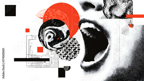 A stylized graphic composition featuring a woman's face with an open mouth, expressing emotion, surrounded by abstract shapes and textures