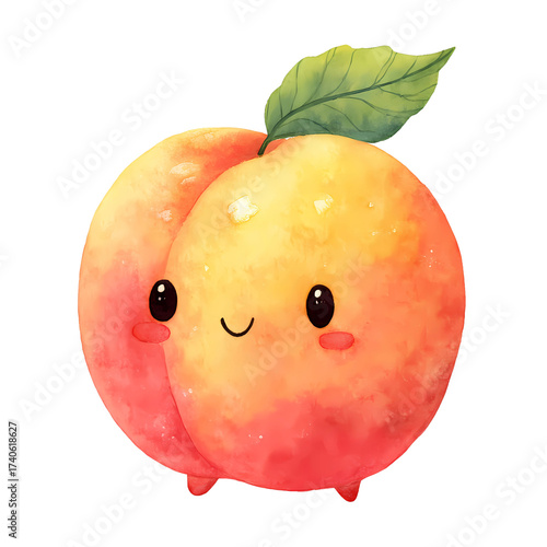 A cute kawaii peach fruit cartoon with cheerful face is rendered in watercolor style
