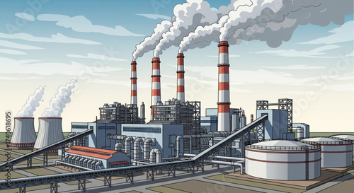 An illustration depicting a power plant with tall smokestacks emitting plumes of smoke.