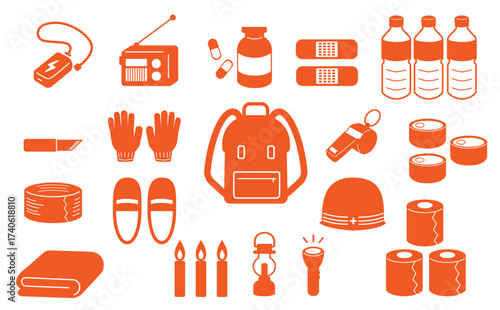 Emergency Supplies Icon Set (Disaster Prevention, Evacuation, Silhouette)orange