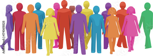 Stylized colorful human figures in unity, abstract diversity illustration, inclusive community concept, symbolic people group, equality and teamwork theme on white