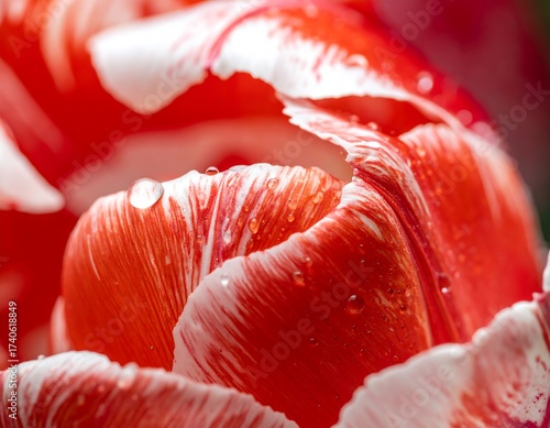 Close-up of a Red and White Tulip with Water Droplets.