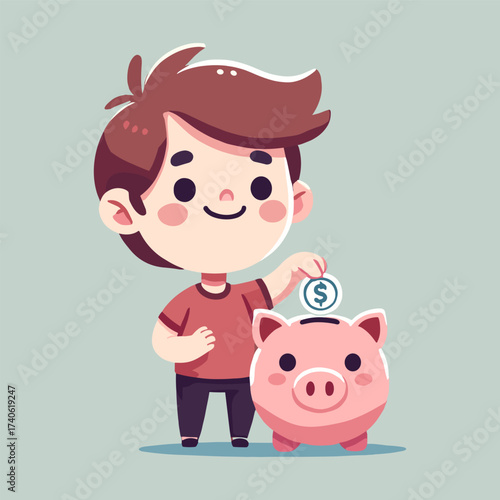 boy putting a coin into a pink piggy bank in a flat illustration