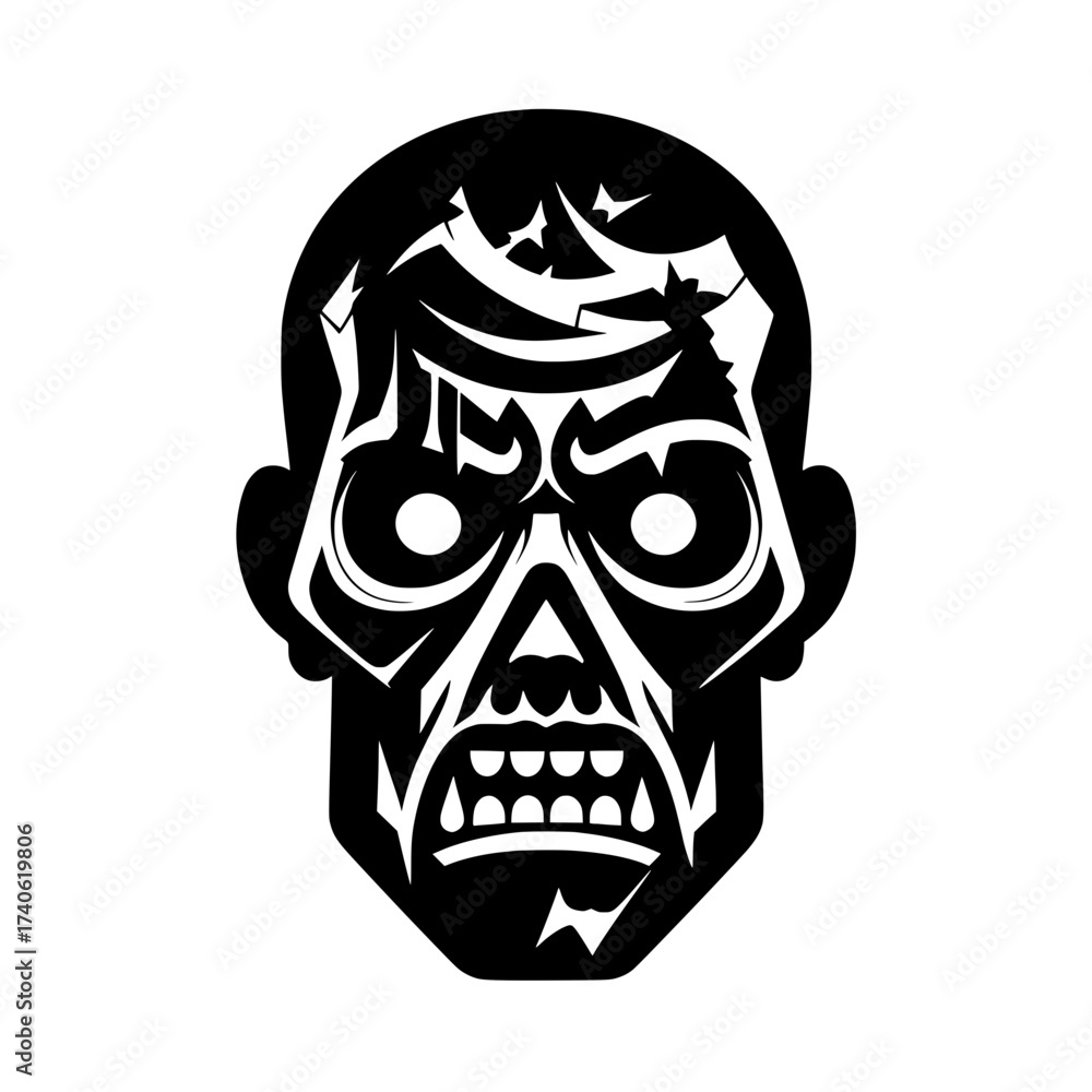 Fototapeta premium A vector illustration of a zombie or horrifying monster head. Its expression shows a snarl with sharp teeth and blank eyes, reflecting horror and the apocalypse.