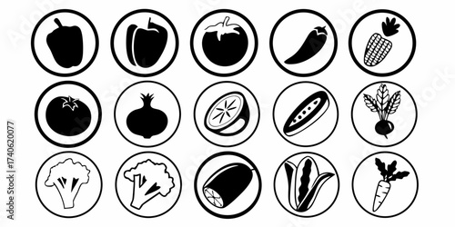 Collection of fifteen different vegetables and fruits icons in black and white circular badge design