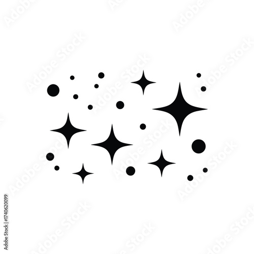 Black sparkle and star shapes on white background