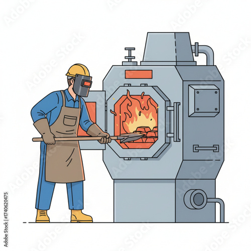 Factory worker wearing safety gear operating a furnace to melt metal.