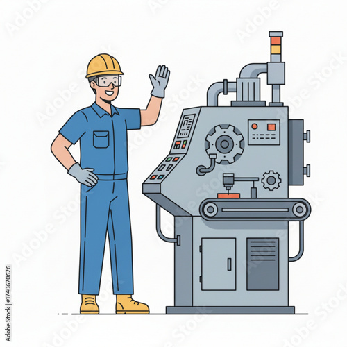 Factory worker standing next to an industrial machine and waving with a smile.