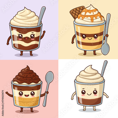 Adorable cartoon desserts in cups with happy faces and spoons, perfect for food illustrations, kawaii designs, cafe branding, and sweet treat character collections.
