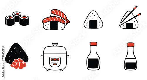 A collection food icons including sushi rice and sauces