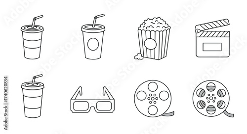 Cinema treats and film equipment in simple line art style