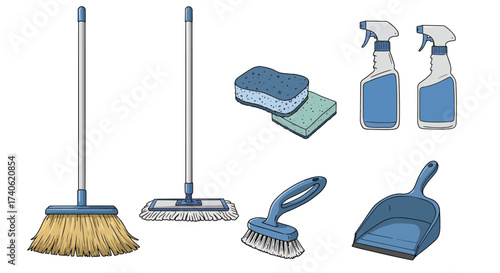 Various cleaning tools arranged on a white background for household chores