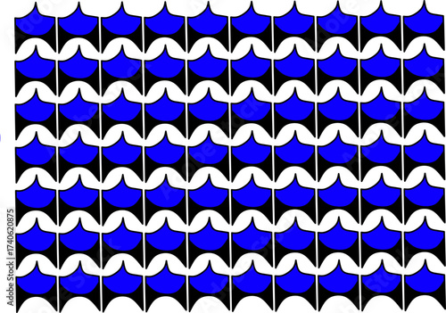 Seamless abstract pattern with bold blue and black geometric wave shapes on a white background. Modern stylish design perfect for textiles, wallpaper, and decor.
