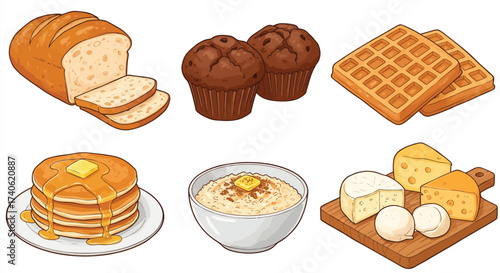 Delicious breakfast assortment featuring bread muffins waffles and dairy products