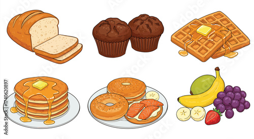 Delicious breakfast assortment including bread muffins waffles and fresh fruit