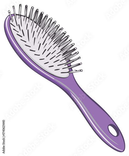 Stylized Illustration of a Purple Hairbrush with Silver Bristles for Grooming