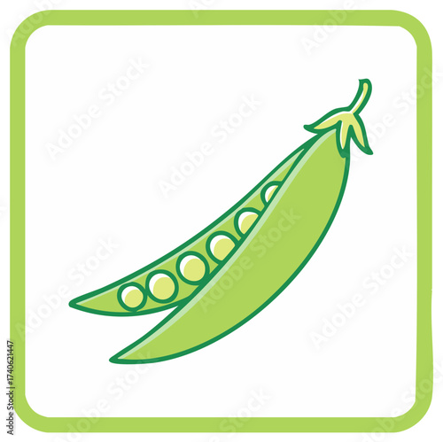 Green pea pod illustration in frame, showing peas, fresh and healthy food