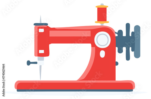 Classic red sewing machine illustration with thread spool for tailoring handmade fashion and crafting