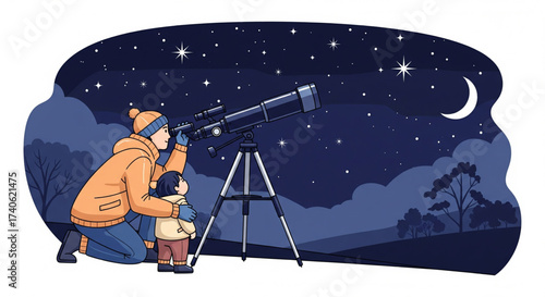 A parent and child gazing through a telescope at the night sky, observing stars and the moon.