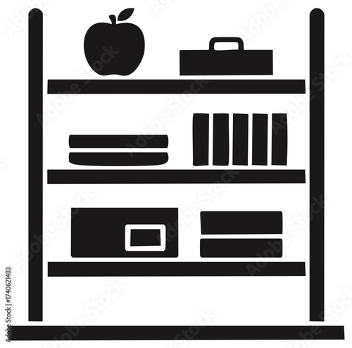 Shelving unit with books, box, apple and bag, showcasing household storage and organization solutions