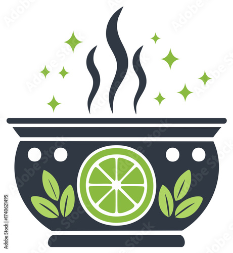Pot with steaming potion, lemon slice, leaves, and stars for witches and spells