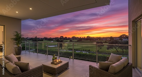 Experience breathtaking sunset views from this luxurious balcony overlooking a pristine golf course, perfect for serene evenings and upscale living.