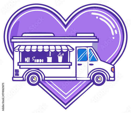 Cartoon food truck vector illustration inside a purple love heart emblem for a street food festival