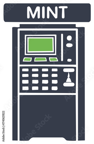 Vector illustration of an ATM kiosk with a display screen and numeric keypad for banking