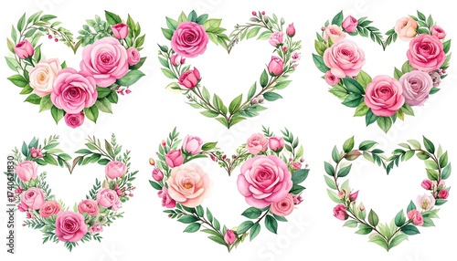 Wallpaper Mural Floral Heart Wreaths - Watercolor Rose and Greenery Collection for Valentines Day. Torontodigital.ca