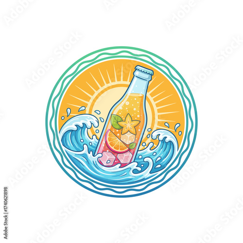 Vibrant circular emblem of a refreshing tropical fruit soda in a glass bottle, surrounded by splashing ocean waves under a summer sun