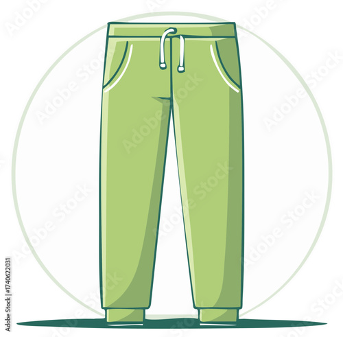 Green Joggers Illustration with Pockets and Drawstring Waist, Casual Activewear Design