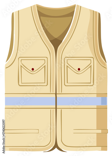 Tan Vest with Reflective Strip and Multiple Pockets for Work or Safety, Clothing Item