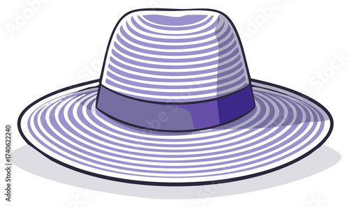 Stylish purple and white striped summer fedora hat with wide brim vector illustration