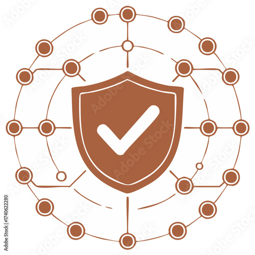 Cybersecurity shield with verified checkmark surrounded by interconnected digital network nodes symbolizing protection and trust