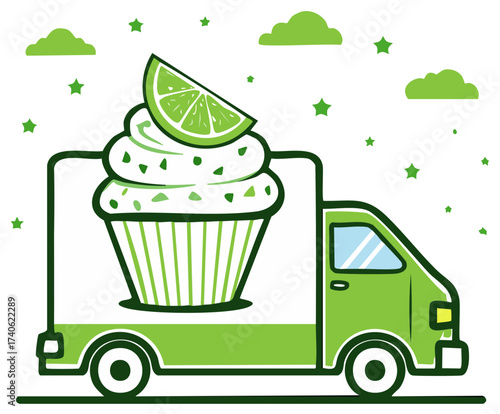 Green lime cupcake delivery truck with clouds and stars illustration