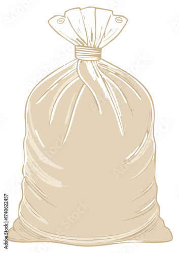 A single full burlap sack tied at the top in a classic hand drawn vector illustration