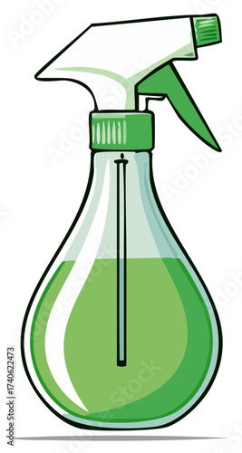 Cartoon illustration of a green liquid filled spray bottle with white and green trigger mechanism