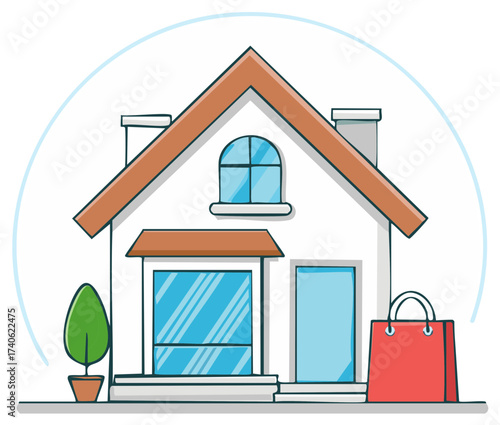 Simple cartoon house illustration with red shopping bag for online shopping and home delivery