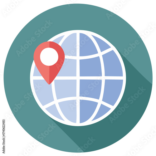 Globe with a red map pin icon on a teal circle with a long shadow