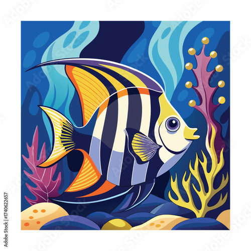 Emperor Angelfish in a Blue Underwater Environment Keywords: emperor angelfish, fish, marine