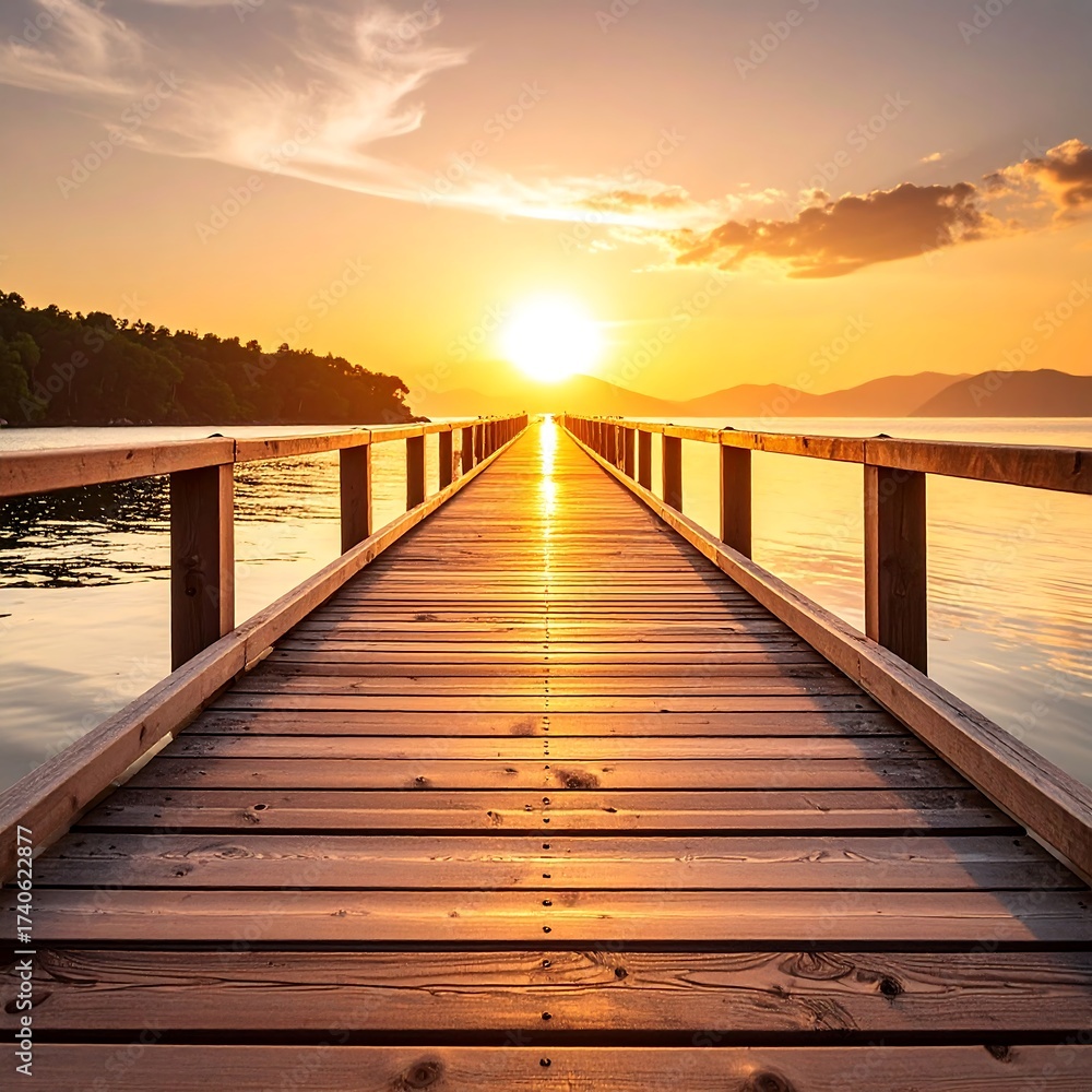 Obraz premium Wooden dock stretches towards the setting sun over calm waters